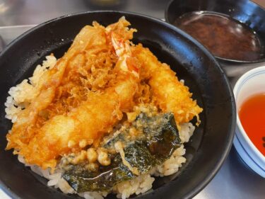 大阪・なんば「坂町の天丼」つゆ多めでサラサラいけるシンプル天丼！揚げ物の香りが食欲をそそる